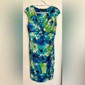 LAUREN floral sleeveless figure hugging midi dress in teal, blue, white & green